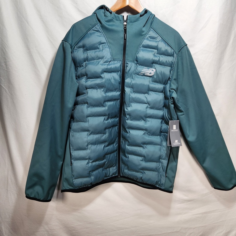 New Balance Mens Tech Puffer Jacket Size Medium Hooded Logo Green NWT